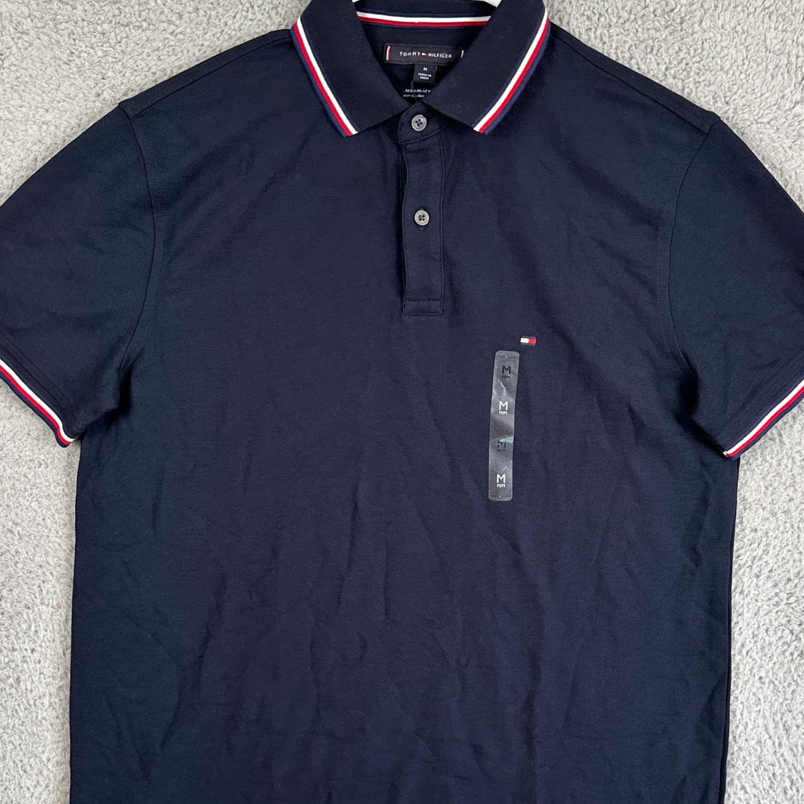 Tommy Hilfiger Shirt Polo Men Medium Navy Regular Wicking Short Sleeve Rugby New